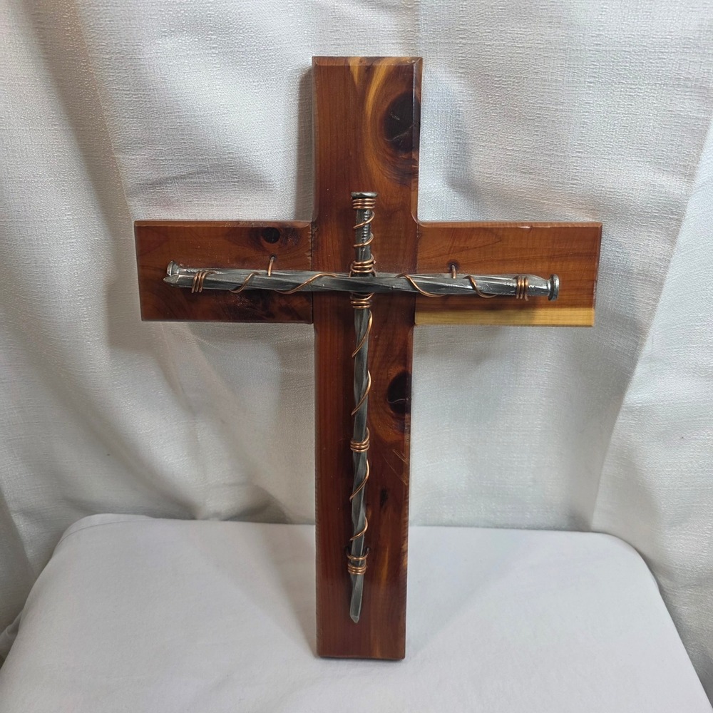 Handmade Cedar Wood Wall Cross Twisted Iron Spikes Copper Wire Rustic Decor 15in